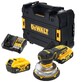 Pildil on DeWalt akuekstsentriklihvija DCW230P2 koos laadija, akude ja hoiukarbiga.